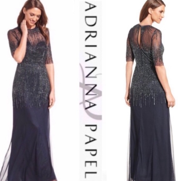 Adrianna Papell beaded 3/4 sleeves illusion sweetheart neck long gown - Picture 2 of 15